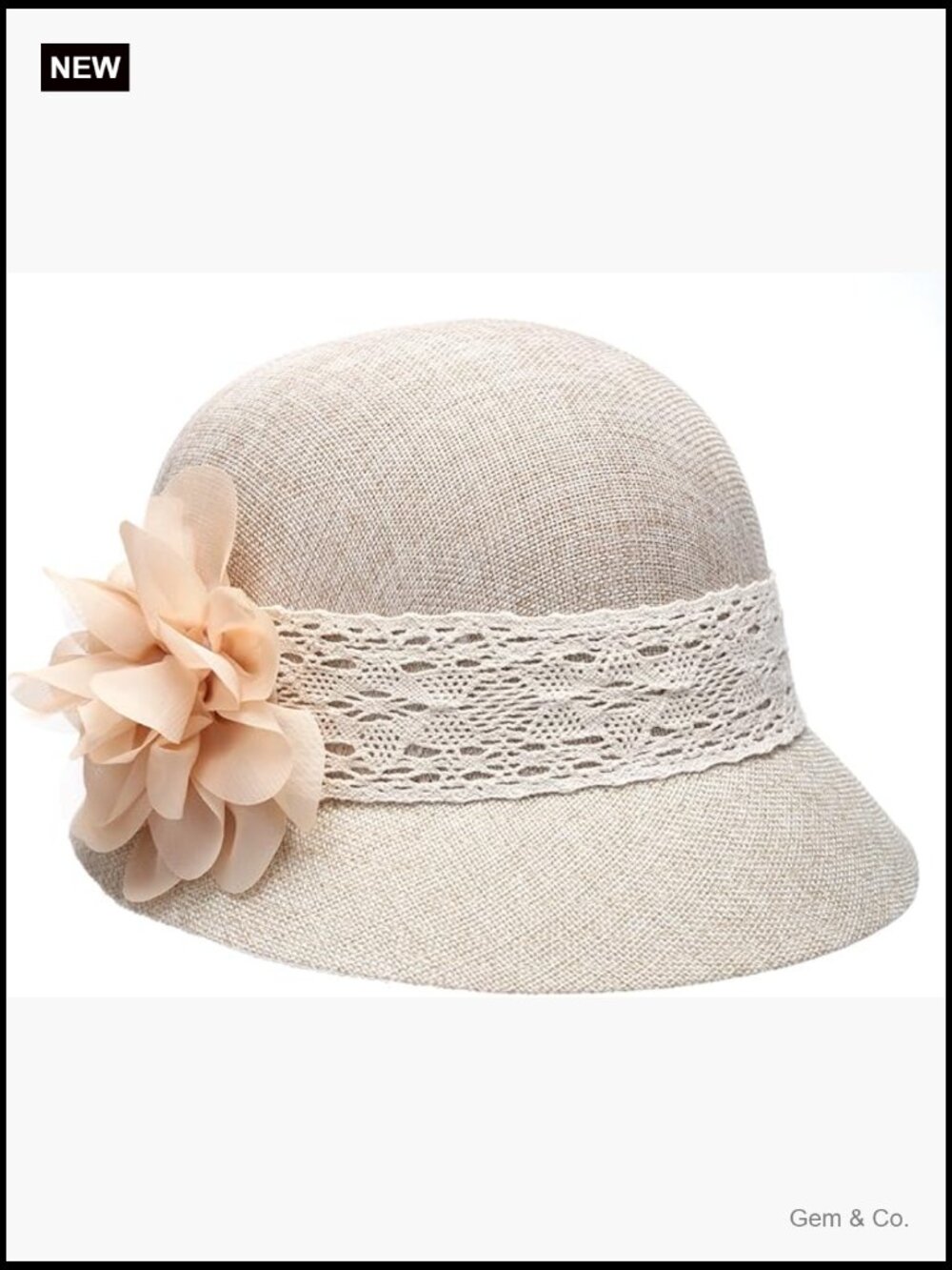 Linen Cloche Hat with Lace Band and Flower